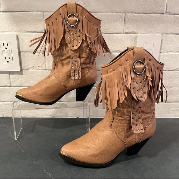 NWT Santa Fe Boot sz 8 tan leather fringed bling cowgirl boots - Picture 2 of 16